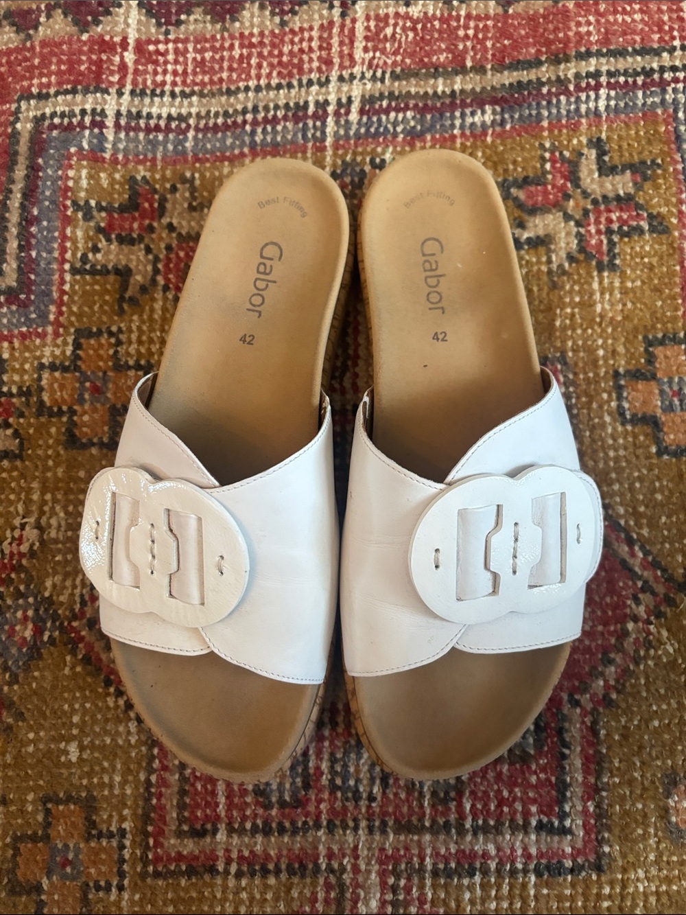 Gabor White Leather Slide Sandals with Decorative Buckle
